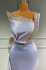 Light Blue One Shoulder Sleeveless Mermaid Long Beads Prom Dress With Ruffles