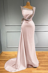 Light Blue One Shoulder Sleeveless Mermaid Long Beads Prom Dress With Ruffles