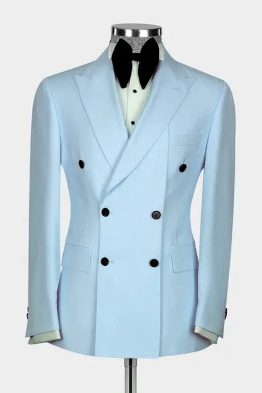 Light Peaked Lapel Double Breasted Modern Blue Prom Suits