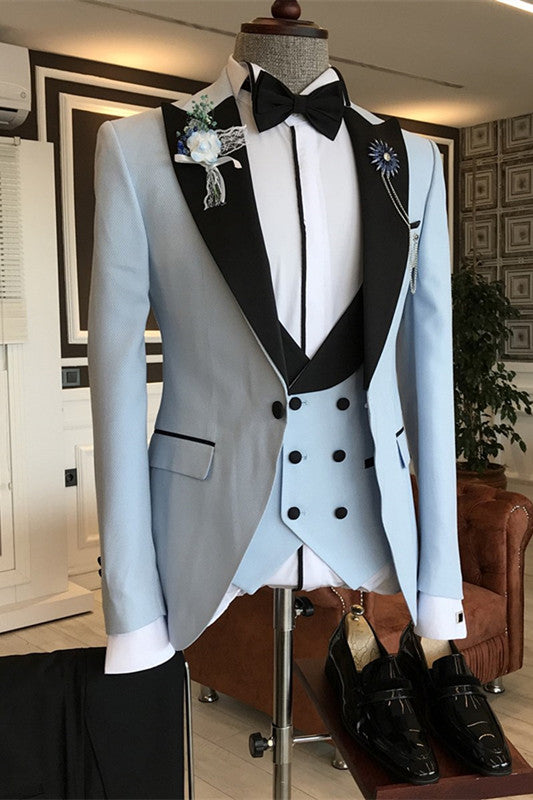 Light Three Pieces Close Fitting Blue Wedding Suits With Black Peaked Lapel