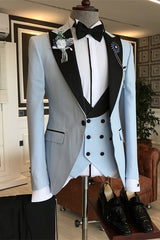 Light Three Pieces Close Fitting Blue Wedding Suits With Black Peaked Lapel