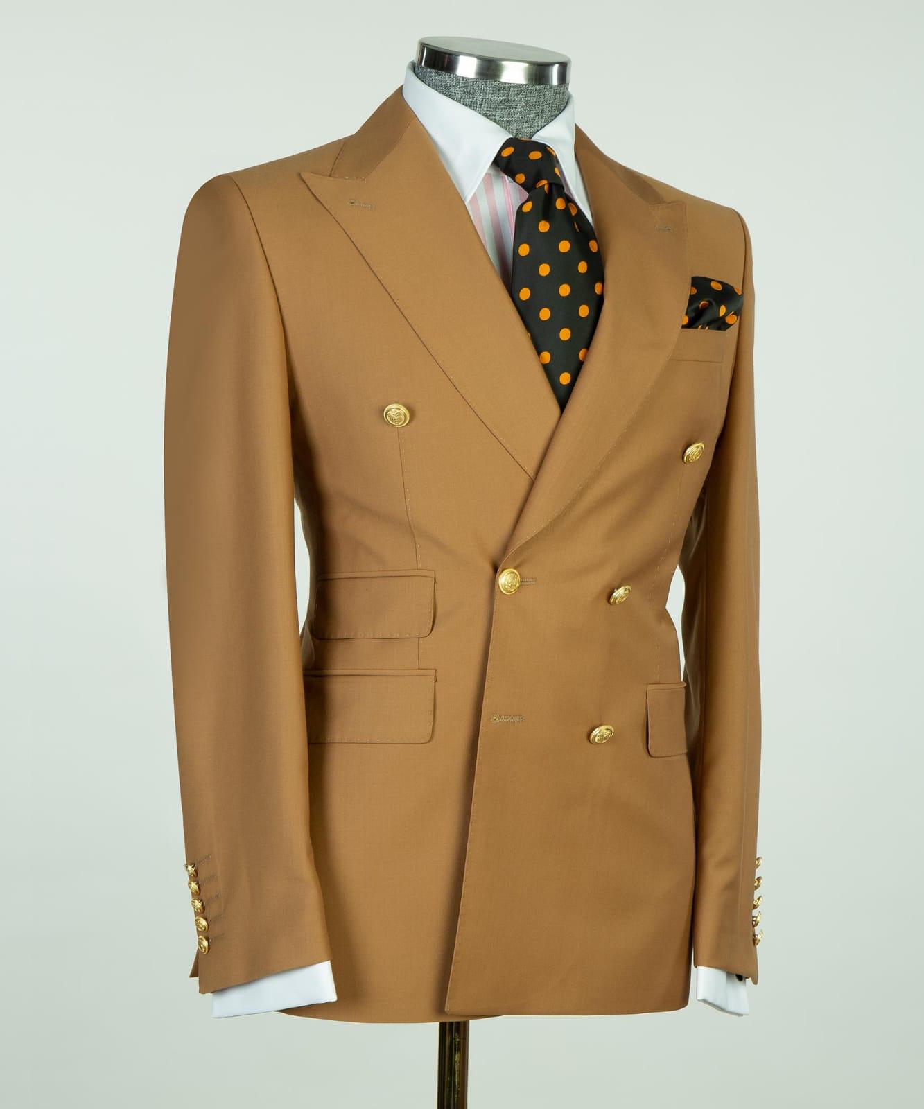 Light Brown Double Breasted Peaked Lapel Business Men Suits
