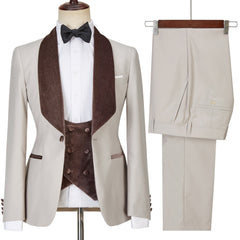 Light Champagne Shawl Lapel Shiny Slim Fit Three Pieces Men Suits