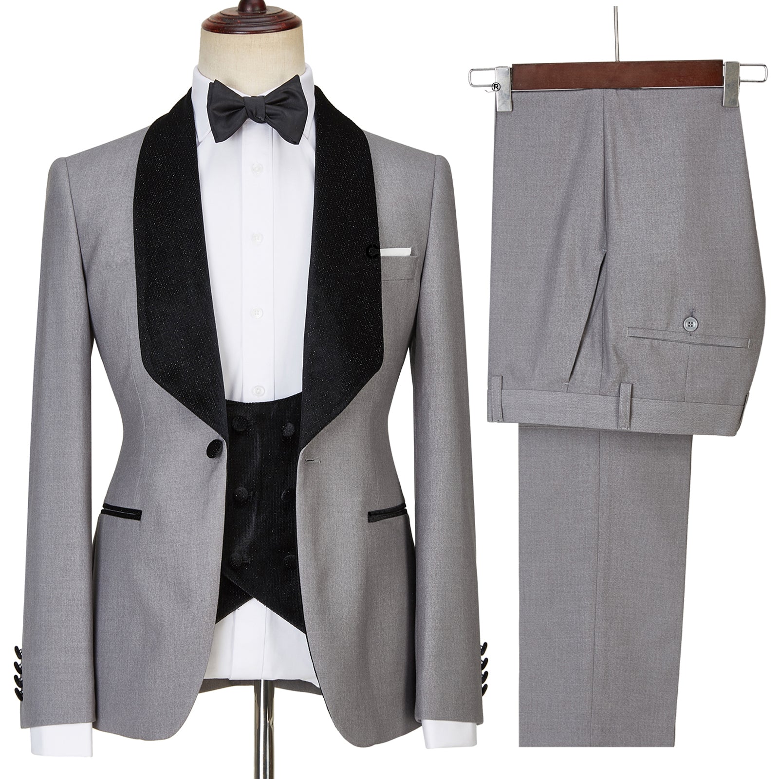 Light Gray One Button Shiny Shawl Lapel Three Pieces Wedding Men Suits