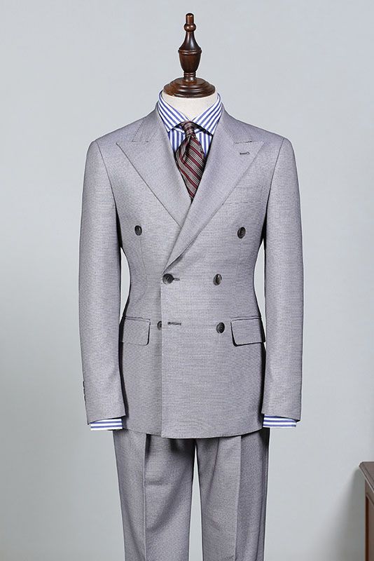 Light Gray Peaked Lapel Double Breasted Bespoke Business Suit