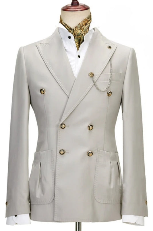 Light Peaked Lapel Double Breasted Gray Prom Suits
