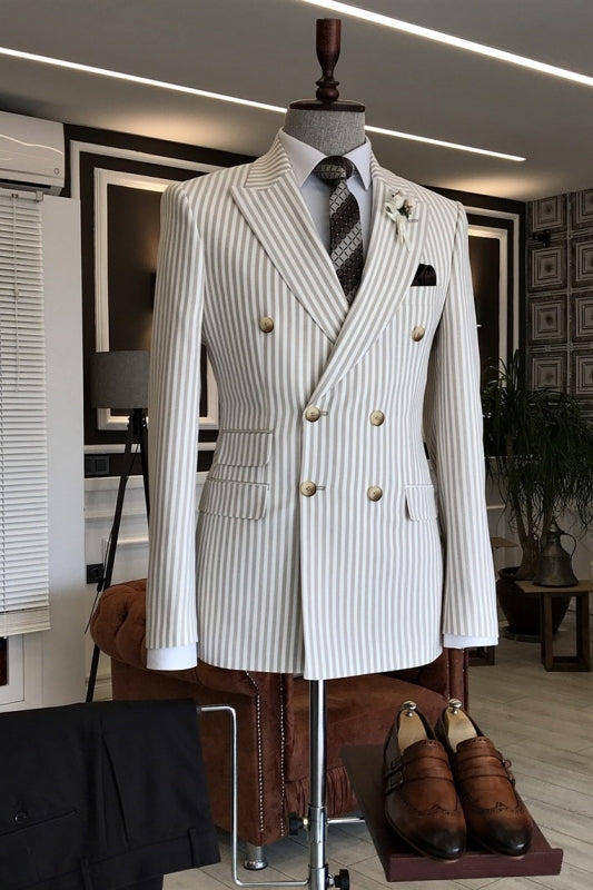 Light Gray Striped Peaked Lapel Double Breasted Slim Suits For Business