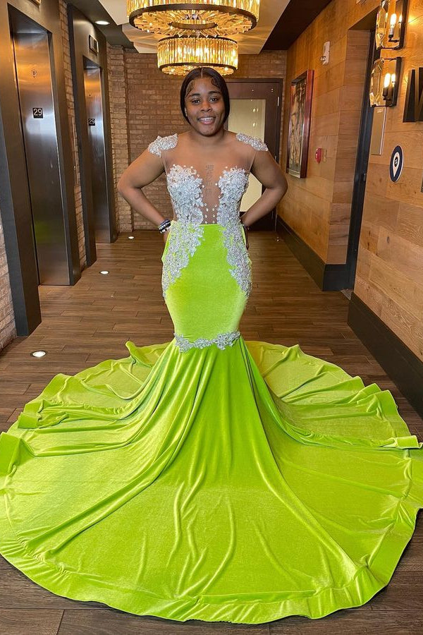 Light Green Mermaid Sleeveless Prom Dress Beaded With Appliques