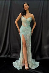 Light Green Strapless Sweetheart Split Prom Dress Mermaid With Sequins