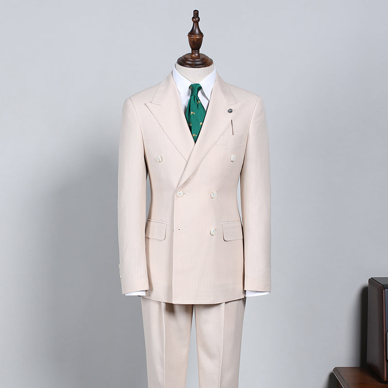Light Khaki Striped Double Breasted Bespoke Business Suit