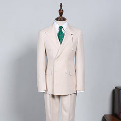 Light Khaki Striped Double Breasted Bespoke Business Suit