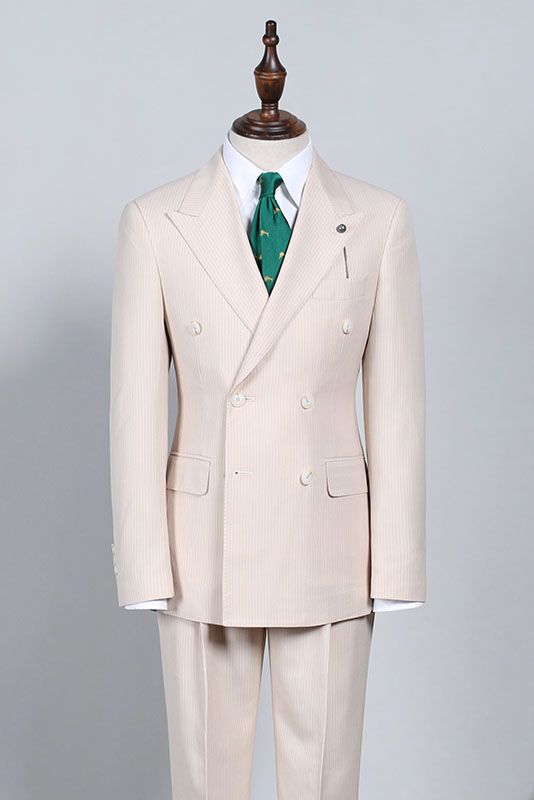 Light Khaki Striped Double Breasted Bespoke Business Suit