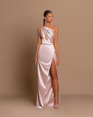 Light Pink One Shoulder Sleeveless Prom Dress With Split For Party