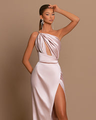 Light Pink One Shoulder Sleeveless Prom Dress With Split For Party