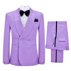 Lilac Jacquard Double Breasted Wedding Suits Shawl Lapel Prom Tuxedo Suits