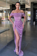 Lilac Off the Shoulder Strapless Prom Dress Mermaid High Split With Sequins