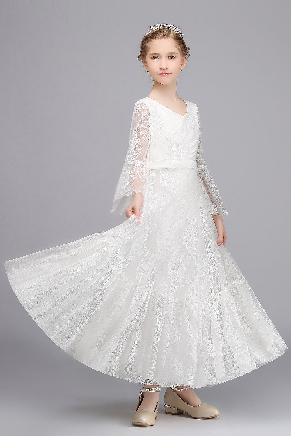 Long A-line Appliques Lace V-neck Flower Girl Dress with Sleeves-27dress