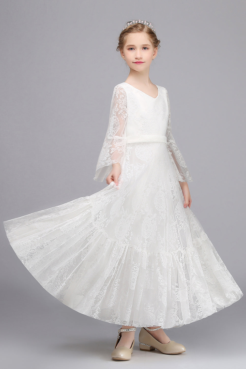 Long A-line Appliques Lace V-neck Flower Girl Dress with Sleeves-27Dress