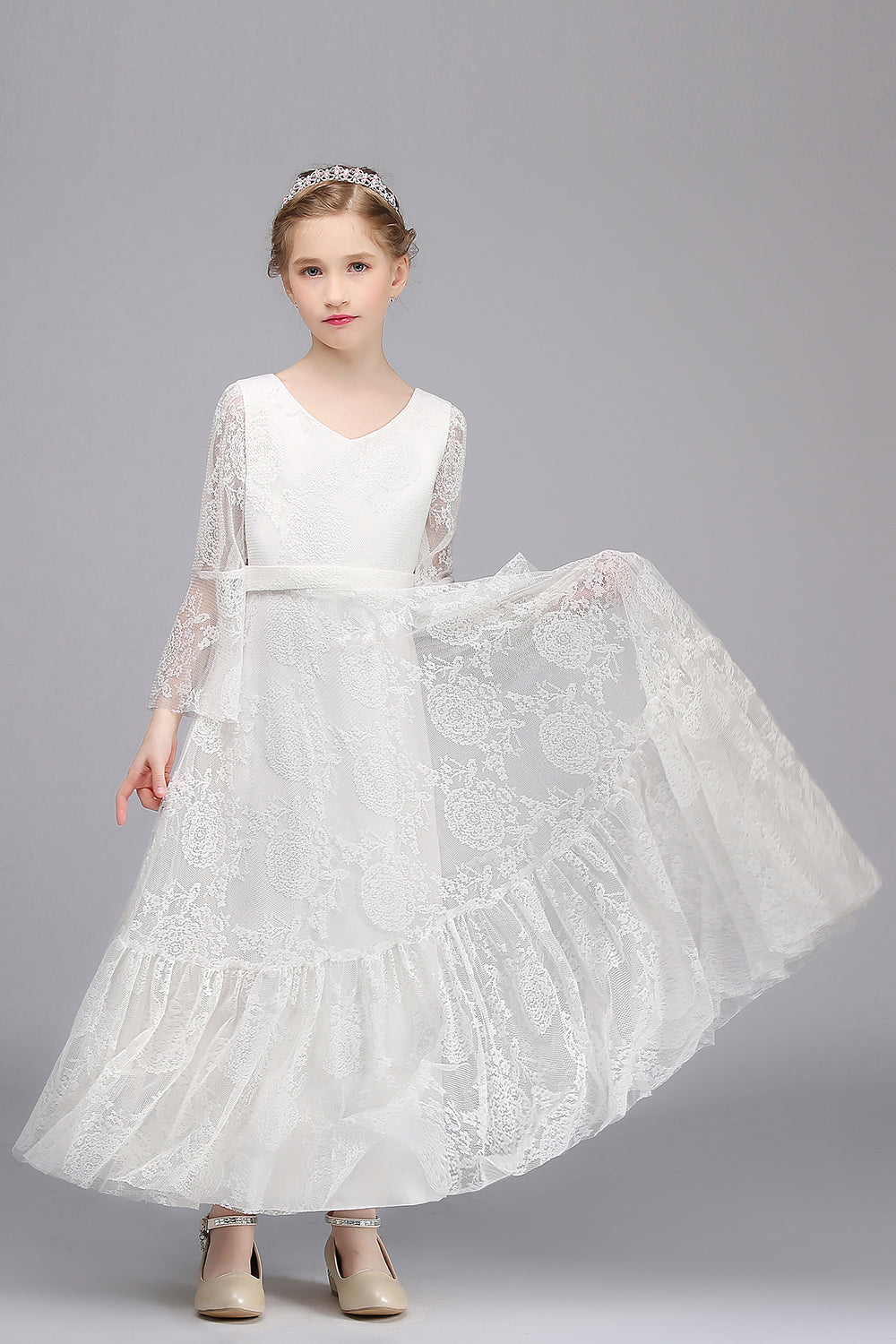 Long A-line Appliques Lace V-neck Flower Girl Dress with Sleeves-27Dress