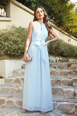 Long A line Halter Chiffon Ruffle Floor Length Bridesmaid Dress-27dress