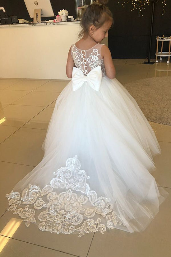 Load image into Gallery viewer, Long A-line Jewel Sleeveless Appliques Lace Tulle Flower Girl Dresses With Bow-27dress
