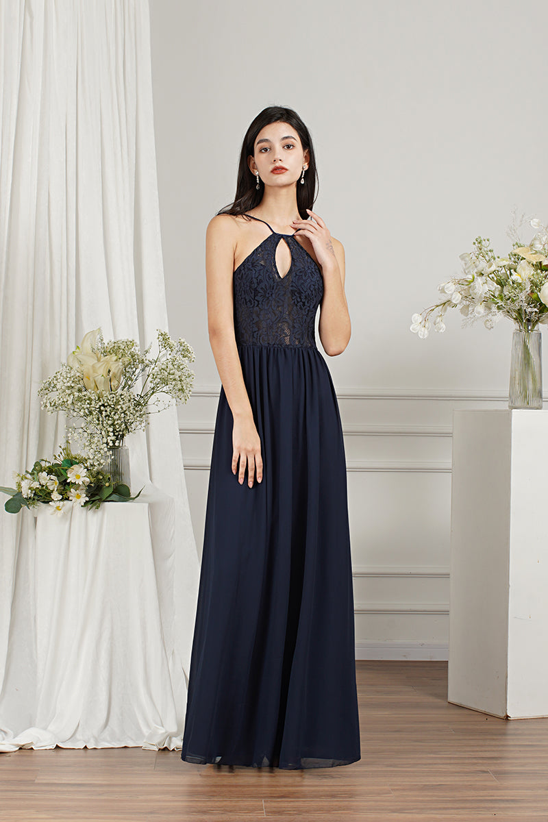 Long A-line Keyhole Neckline Lace Spaghetti Chiffon Bridesmaid Dresses-27dress