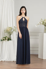 Long A-line Keyhole Neckline Lace Spaghetti Chiffon Bridesmaid Dresses-27dress
