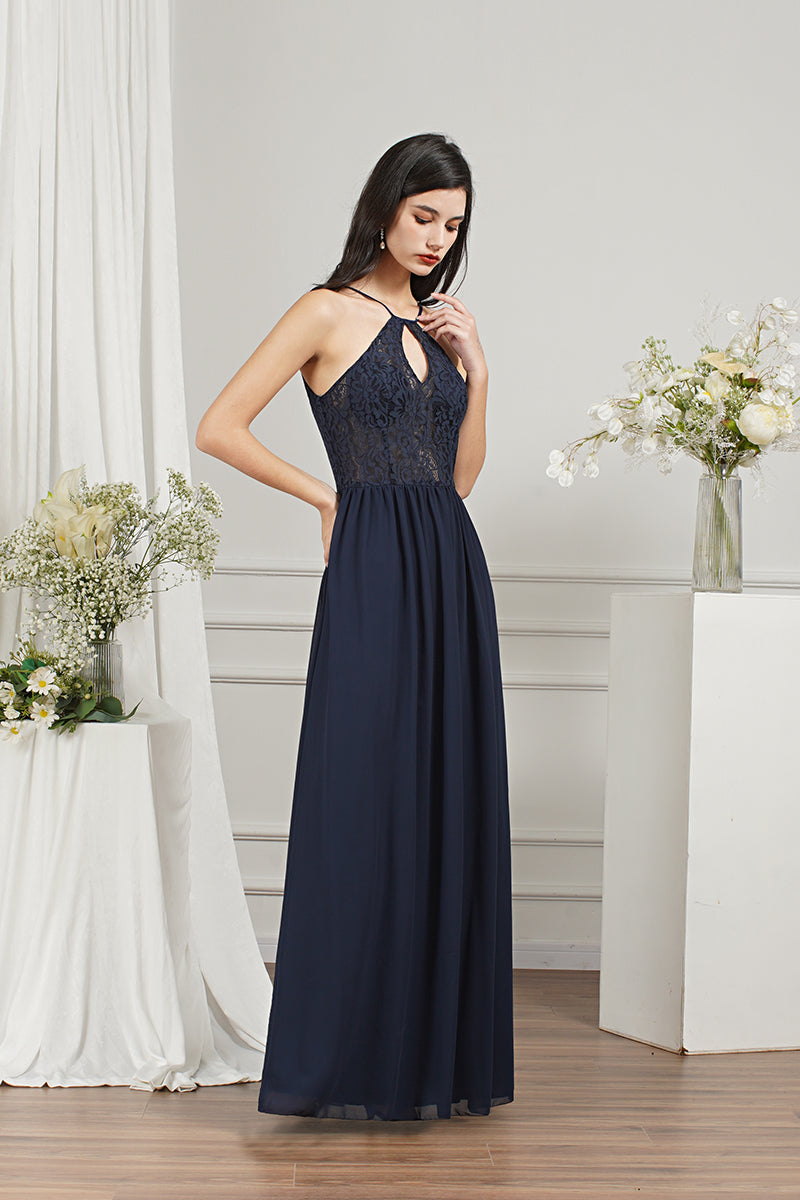 Long A-line Keyhole Neckline Lace Spaghetti Chiffon Bridesmaid Dresses-27dress