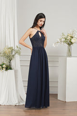 Long A-line Keyhole Neckline Lace Spaghetti Formal Dresses