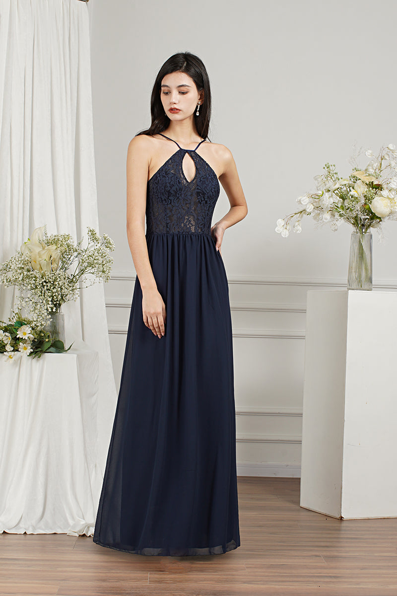 Long A-line Keyhole Neckline Lace Spaghetti Chiffon Bridesmaid Dresses-27dress