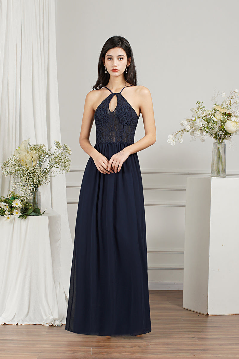 Long A-line Keyhole Neckline Lace Spaghetti Chiffon Bridesmaid Dresses-27dress