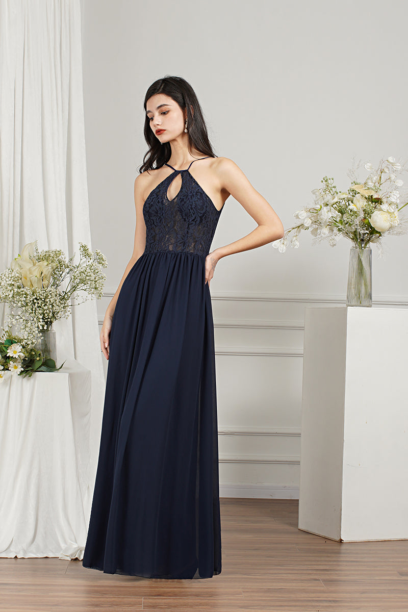 Long A-line Keyhole Neckline Lace Spaghetti Chiffon Bridesmaid Dresses-27dress