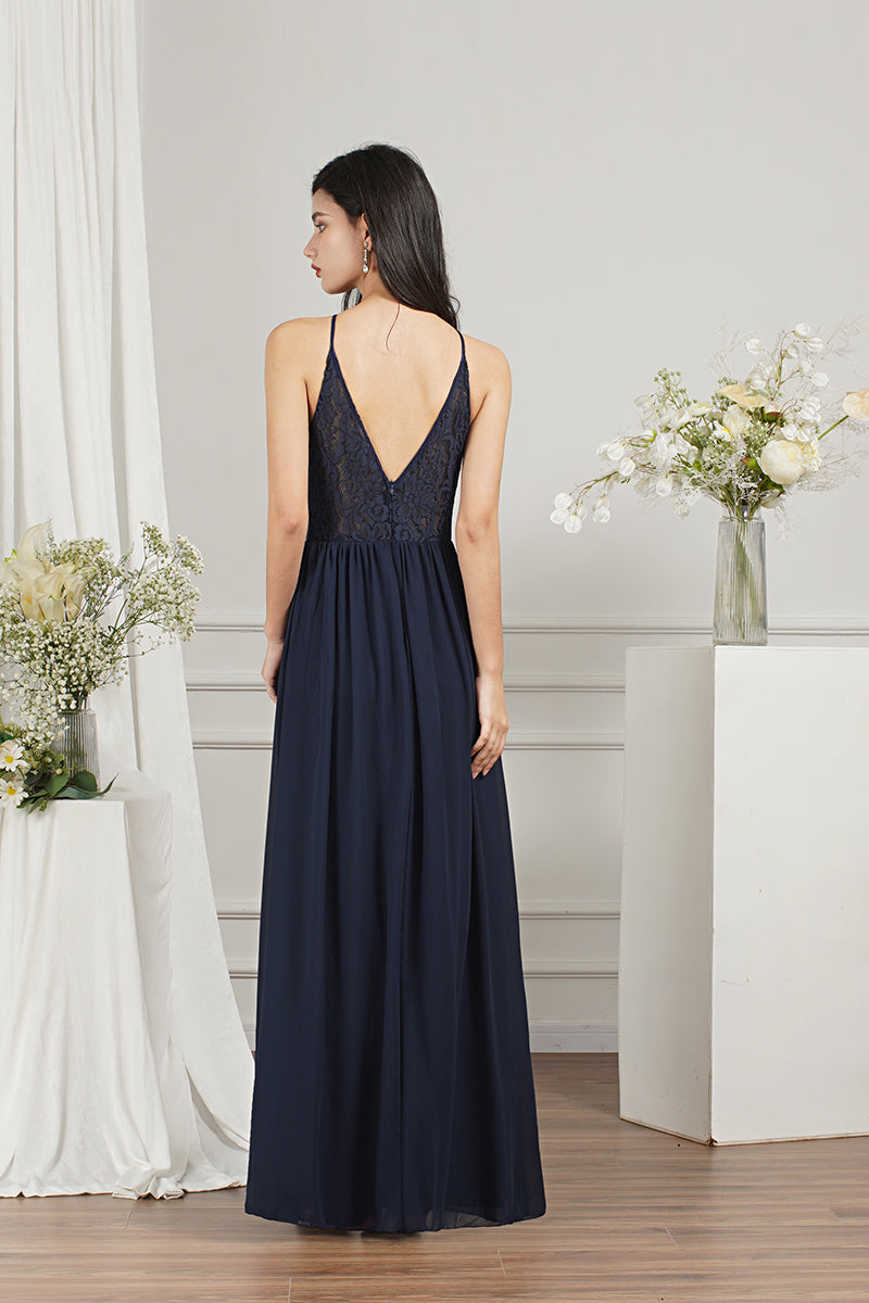 Long A-line Keyhole Neckline Lace Spaghetti Chiffon Bridesmaid Dresses-27dress