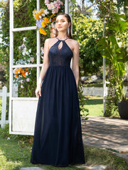 Long A-line Keyhole Neckline Lace Spaghetti Chiffon Bridesmaid Dresses-27dress