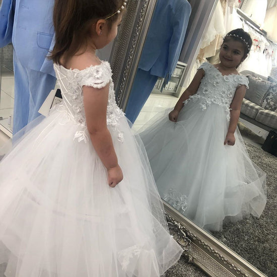 Long A-line Off the shoulder Tulle Lace Flower Girl Dresses with Cap sleeves-27dress