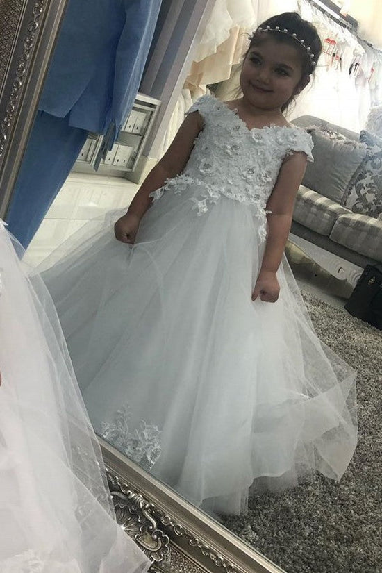Long A-line Off the shoulder Tulle Lace Flower Girl Dresses with Cap sleeves-27dress