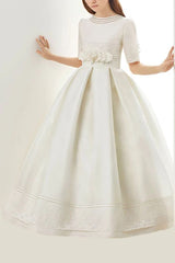 Long A-line Ruffle Jewel Neck Half Sleeves Flower Girl Dresses For Pageant-27Dress