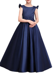 Long A-Line Satin Cap Sleeve Jewel Neck Pageant Flower Girl Dresses-27dress