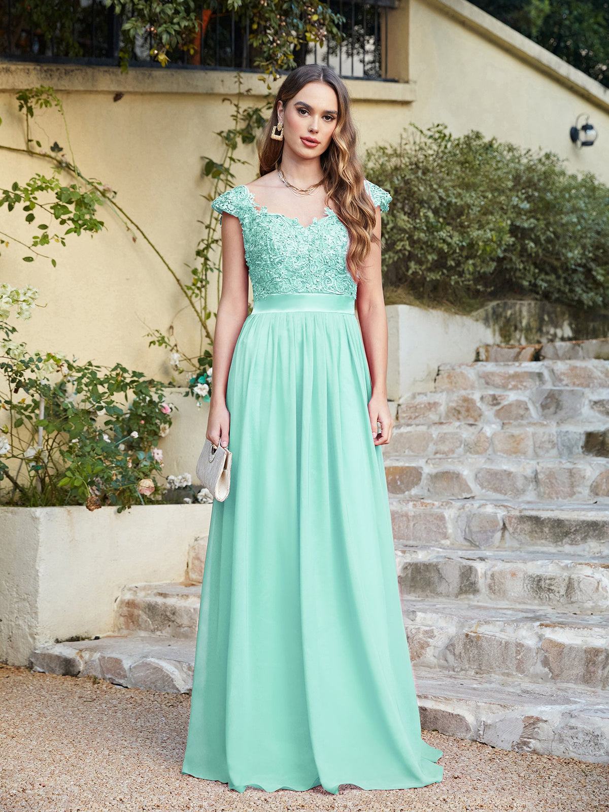 Long A line Scoop Neck Chiffon Floor Length Dress Lace Bridesmaid Dress-27dress