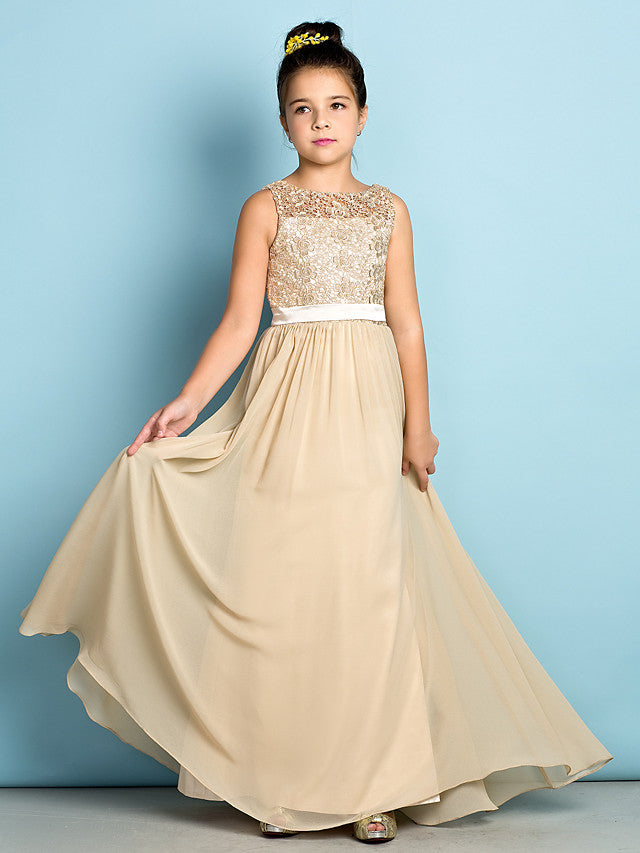 Long A-Line Scoop Neck Flower Girl Dresses Chiffon Lace Junior Bridesm 27dress Long A-Line Scoop Neck Flower Girl Dresses Chiffon Lace Junior Bridesm 27dress