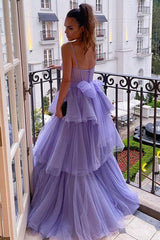 Long A-line Sweetheart Spaghetti Straps Tulle Layered Open Back Formal Prom Dress-27Dress