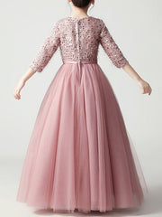 Long A-Line Tulle Jewel Neck Pageant Flower Girl Dresses With Sleeves-27dress