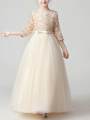 Long A-Line Tulle Jewel Neck Pageant Flower Girl Dresses With Sleeves-27dress