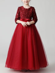Long A-Line Tulle Jewel Neck Pageant Flower Girl Dresses With Sleeves-27dress