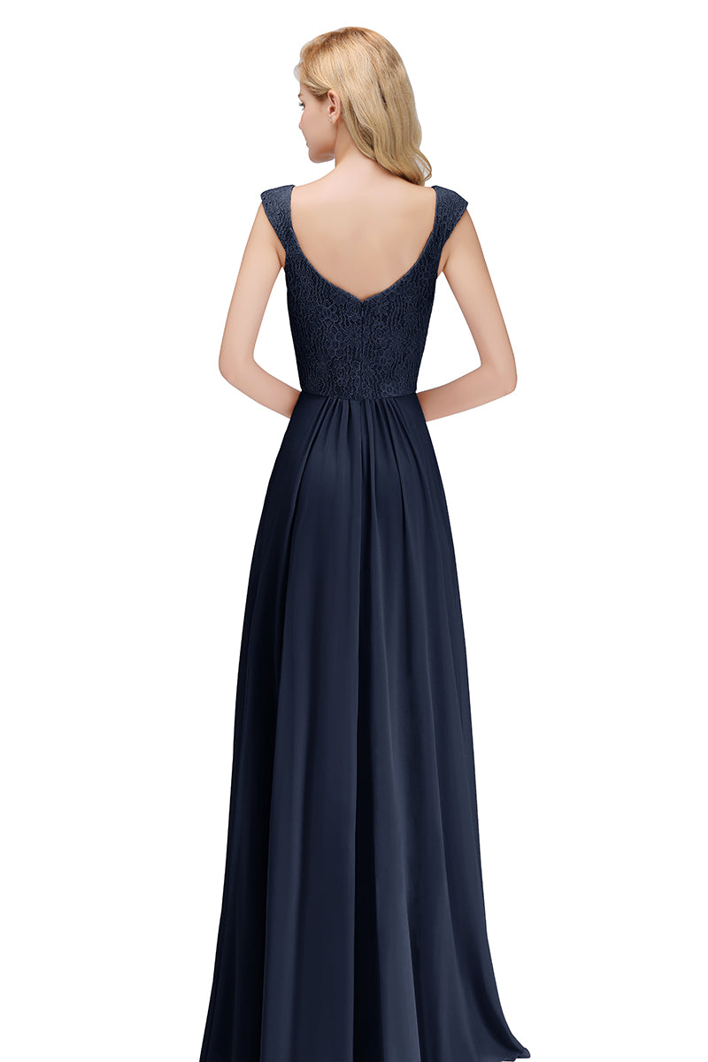 Long A-line V-neck Sweetheart Sleeveless Lace Chiffon Bridesmaid Dresses-27dress