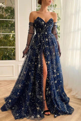 Long A-line V-neck Tulle Prom Dresses with Split Front-27dress