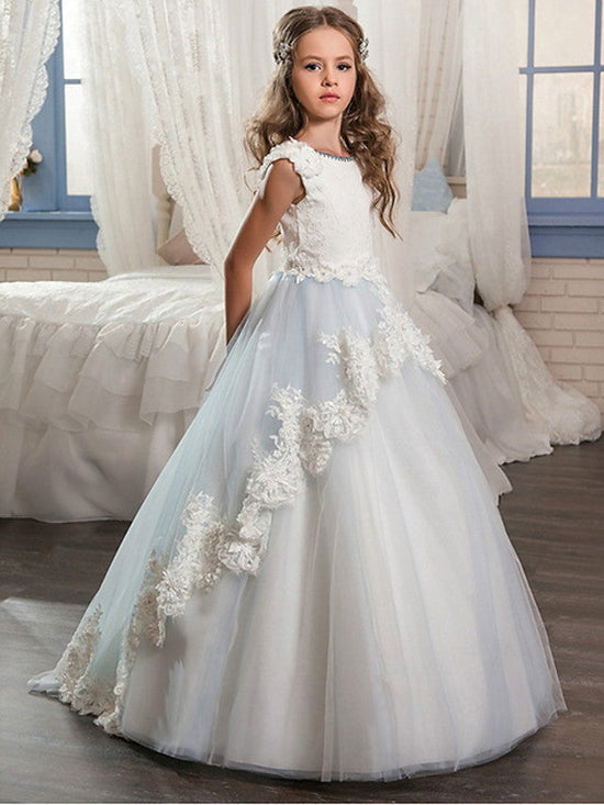 Long Ball Gown Jewel Neck Wedding Event Party Flower Girl Dresses With Lace Appliques-27dress