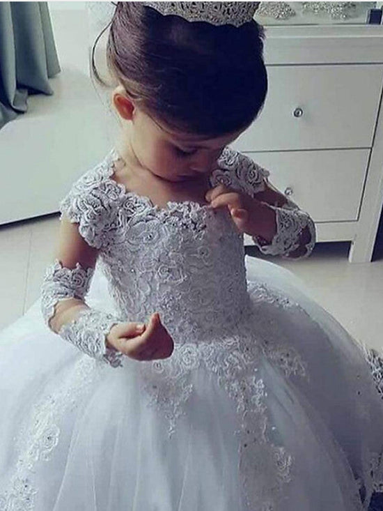 Long Ball Gown Lace Jewel Neck Wedding Flower Girl Dresses with Sleeves-27dress