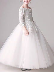 Long Ball Gown Off Shoulder First Communion Flower Girl Dresses with Sleeves-27Dress