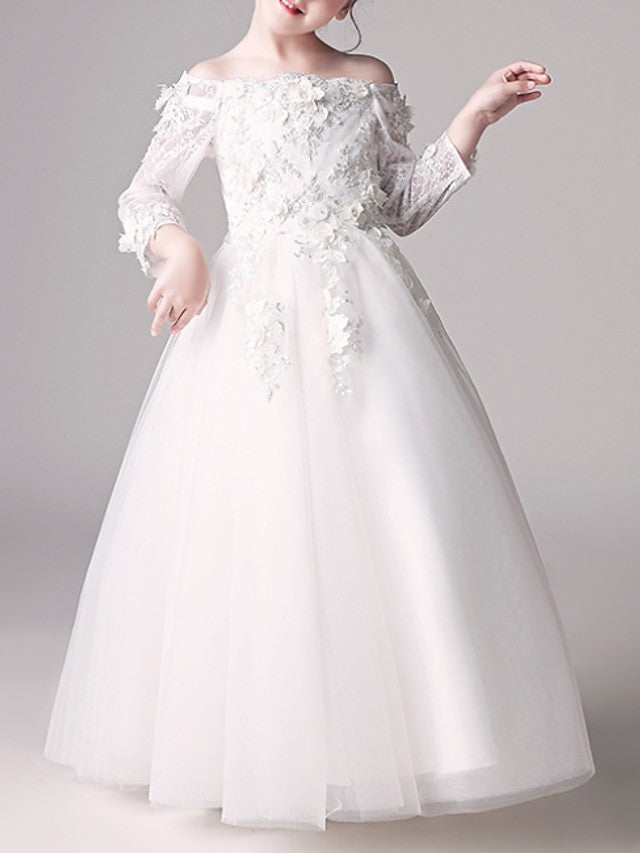 Long Ball Gown Off Shoulder First Communion Flower Girl Dresses with Sleeves-27Dress